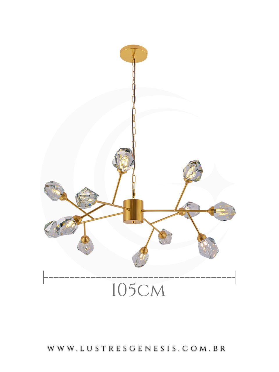 Luminária pendente de cristal Sirius 105cm dourada para sala de jantar e estar, com design moderno e cristais lapidados.